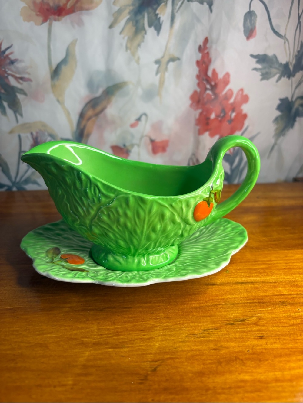 Vintage Green Ceramic Leaf Gravy Boat with Saucer